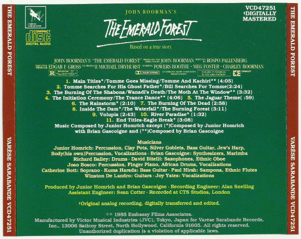 Junior Homrich With Brian Gascoigne : The Emerald Forest (Original Motion Picture Soundtrack) (CD, Album)