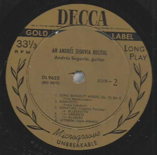 Andrés Segovia : An Andres Segovia Recital (LP, Mono)