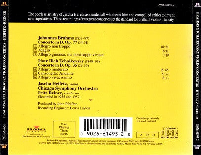 Jascha Heifetz, The Chicago Symphony Orchestra, Fritz Reiner / Johannes Brahms / Pyotr Ilyich Tchaikovsky : Violin Concertos (CD, Comp, RM)