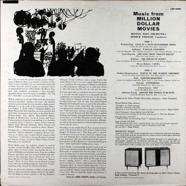 Arthur Fiedler / The Boston Pops Orchestra : Music From Million Dollar Movies (LP, Album)