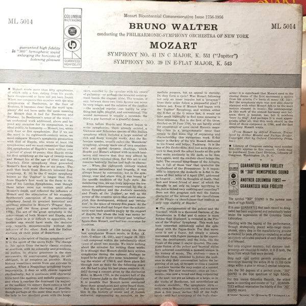 Bruno Walter, The New York Philharmonic Orchestra, Wolfgang Amadeus Mozart : Symphony No. 41 In C Major, K. 551 ("Jupiter") / Symphony No. 39 In E-flat Major, K. 543 (LP, Mono, Hol)