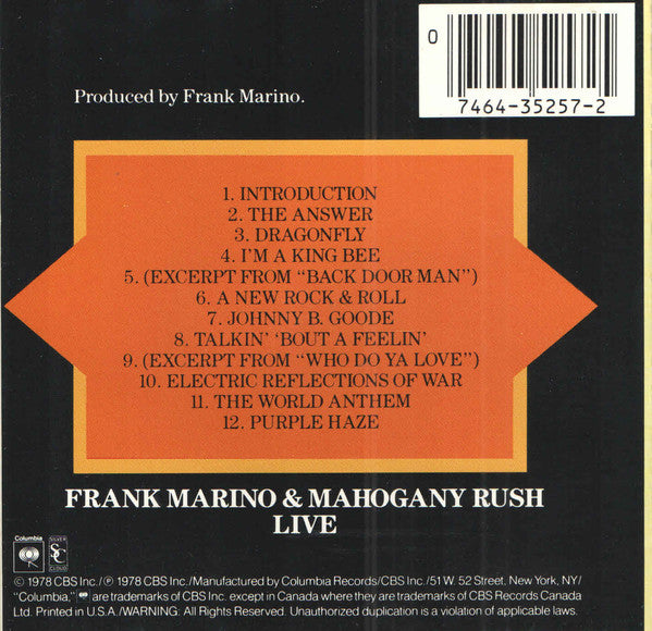 Frank Marino & Mahogany Rush : Live (CD, Album, RE)