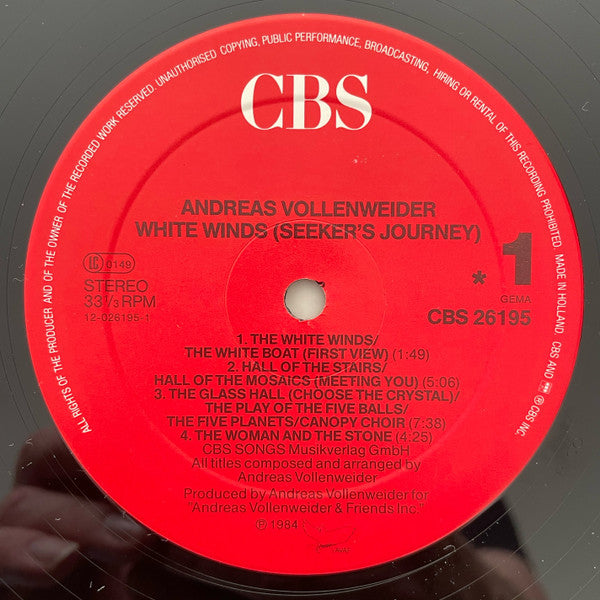 Andreas Vollenweider, Andreas Vollenweider : White winds (12", Album, Promo)
