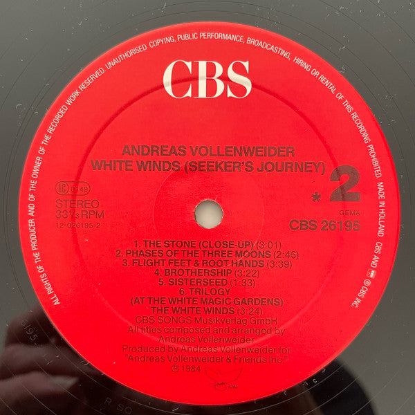 Andreas Vollenweider, Andreas Vollenweider : White winds (12", Album, Promo)