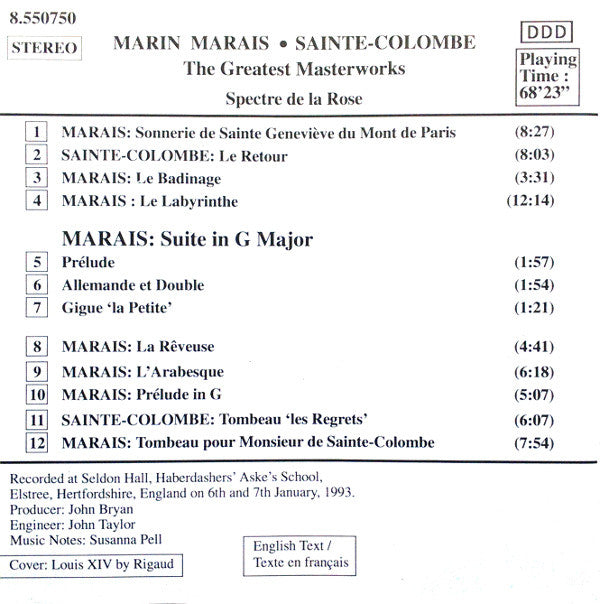 Marin Marais, Jean de Sainte-Colombe, Spectre De La Rose : The Greatest Masterworks (Les Plus Grands Chefs-D'oeuvre) (CD, Album)