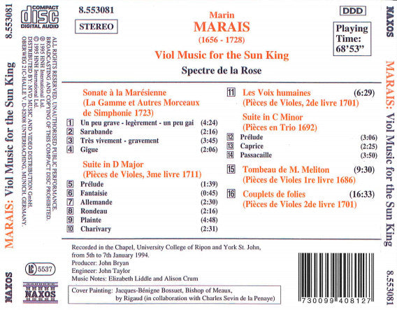 Marin Marais, Spectre De La Rose : Viol Music For The Sun King (CD, Album)
