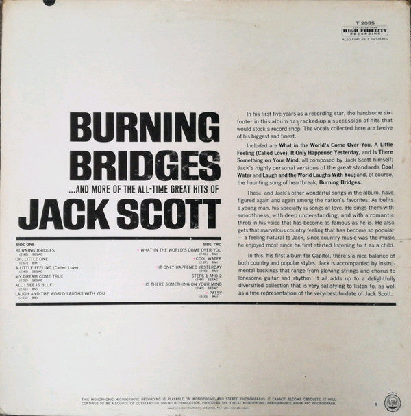 Jack Scott : Burning Bridges (LP, Album, Mono)