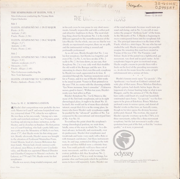Joseph Haydn - Max Goberman Conducting Orchester Der Wiener Staatsoper : The Symphonies Of Haydn Vol. 1 / Symphony No. 1 In D / Symphony No. 2 In C / Symphony No. 3 In G / Overture To "Lo Speziale" (LP, Album, Mono)