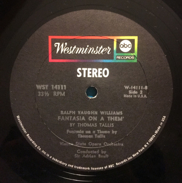 Ralph Vaughan Williams - Sir Adrian Boult : Fantasia On 'Greensleeves' / English Folk Song Suite / Fantasia On A Theme By Thomas Tallis (LP, Album)