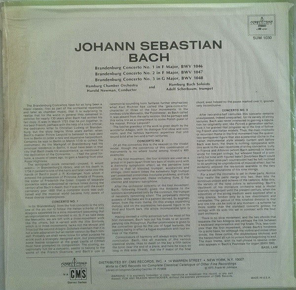 Johann Sebastian Bach / Hamburger Bach Solisten / Hamburger Kammerorchester / Adolf Scherbaum / Harold Newman : Brandenburg Concerti Nos. 1,2,3 (LP)