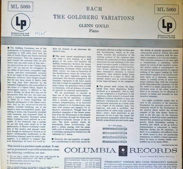 Johann Sebastian Bach, Glenn Gould : The Goldberg Variations (LP, Mono, RP, 2-e)