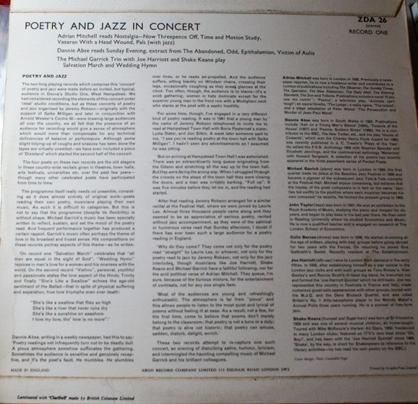Dannie Abse, Laurie Lee, Adrian Mitchell, Jeremy Robson, Michael Garrick Quintet Featuring Joe Harriott And Shake Keane : Poetry And Jazz In Concert - Record One (LP, Rec)
