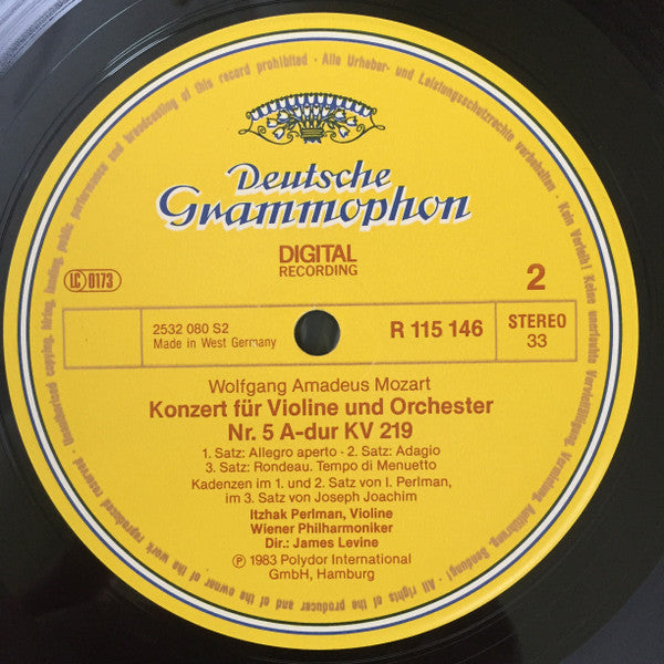 Wolfgang Amadeus Mozart / Itzhak Perlman, Wiener Philharmoniker Conducted By James Levine (2) : Violinkonzerte - Violin Concertos Nos. 3 & 5 (LP, Album, Club, RCA)
