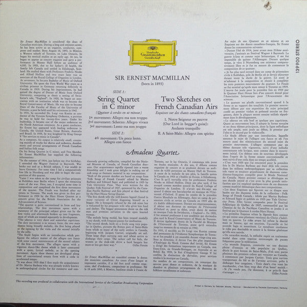 Sir Ernest MacMillan, Amadeus-Quartett : String Quartet In C Minor, Two Sketches On French Canadian Airs (LP, Album)