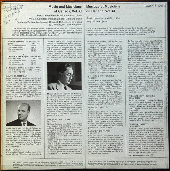 Barbara Pentland / William Keith Rogers / Benjamin Britten / Smyth Humphreys / Hugh McLean : Music And Musicians Of Canada Centennial Edition Vol XI / Musique Et Musiciens Du Canada Edition Du Centenaire Vol. XI (LP, Album, Mono)