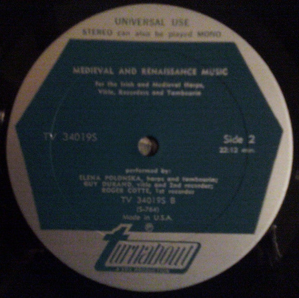 Elena Polonska, Guy Durand, Roger Cotte : Medieval And Renaissance Music For The Irish And Medieval Harps, Vièle, Recorders And Tambourin (LP, Album)