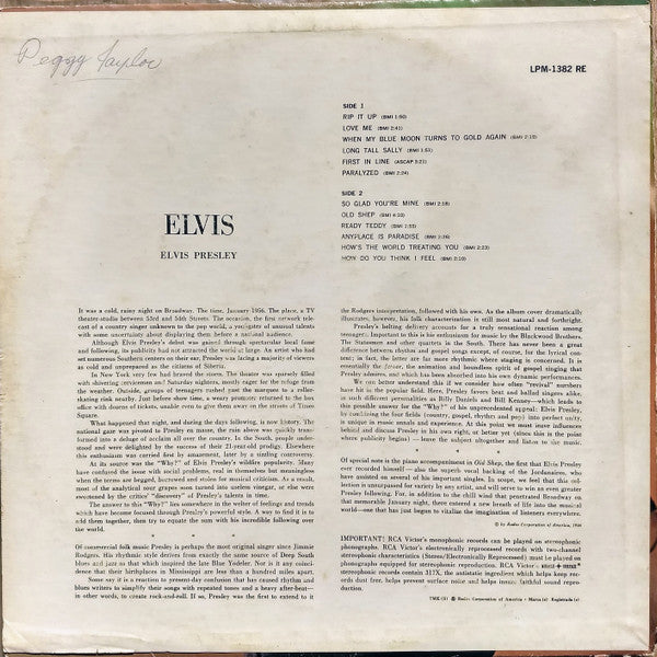 Elvis Presley : Elvis (LP, Album, Mono, RE, Ind)