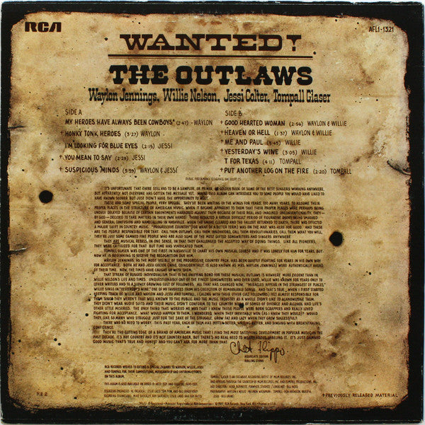 Waylon Jennings, Willie Nelson, Jessi Colter, Tompall Glaser : Wanted! The Outlaws (LP, Album, Comp, RE, Ind)