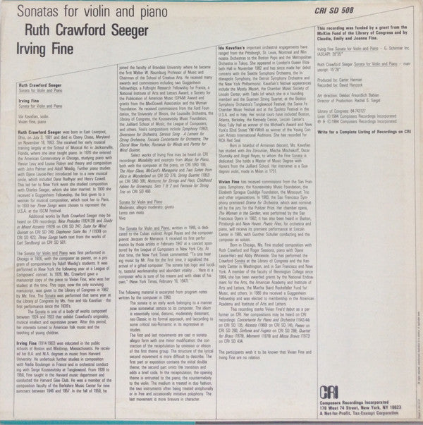 Ruth Crawford Seeger, Irving Fine : Sonatas For Violin And Piano (LP)