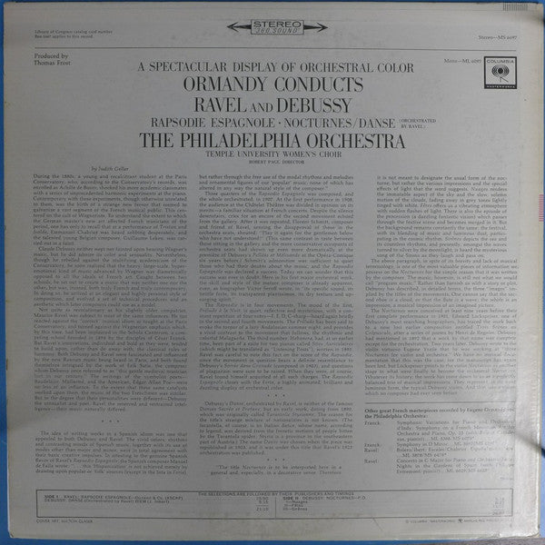 Eugene Ormandy Conducts Maurice Ravel and Claude Debussy, The Philadelphia Orchestra : Rapsodie Espagnole / Nocturnes / Danse (LP, Album)