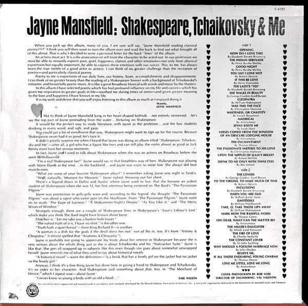 Jayne Mansfield : Shakespeare, Tchaikovsky & Me (LP, Mono)