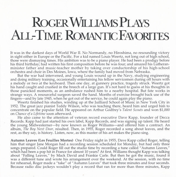 Roger Williams (2) : Plays All-Time Romantic Favorites (CD, Comp)