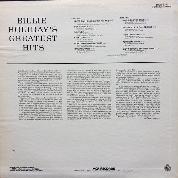 Billie Holiday : Billie Holiday's Greatest Hits! (LP, Comp, RE, Blu)