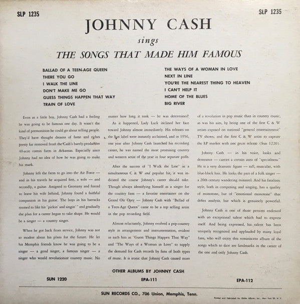 Johnny Cash : Sings The Songs That Made Him Famous (LP, Album, Mono)