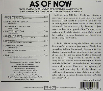 Cory Weeds : As Of Now (CD, Album)