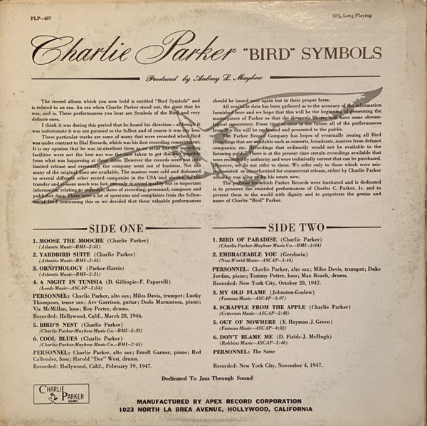 Charlie Parker : "Bird" Symbols (LP, Comp, Mono, RE)