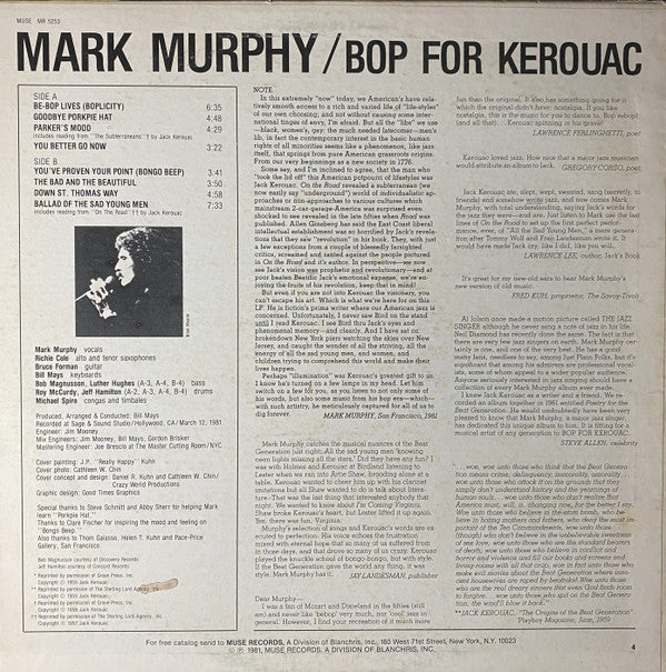 Mark Murphy : Bop For Kerouac (LP, Album, Promo)