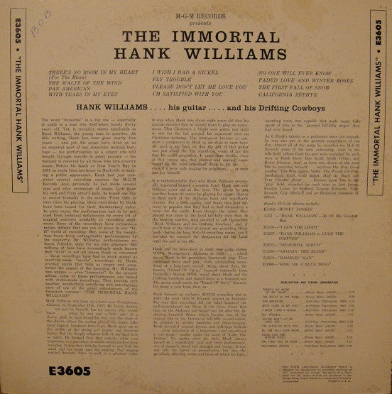 Hank Williams : The Immortal Hank Williams (LP, Comp, Mono)