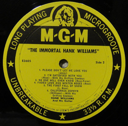 Hank Williams : The Immortal Hank Williams (LP, Comp, Mono)