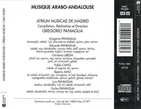 Atrium Musicae De Madrid Dir. Gregorio Paniagua : Musique Arabo-Andalouse (CD, Album, Club, RE)