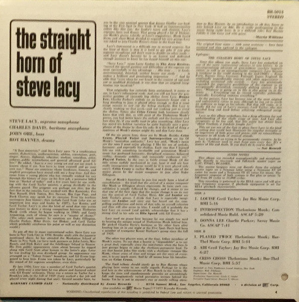 Steve Lacy : The Straight Horn Of Steve Lacy (LP, Album, RE)