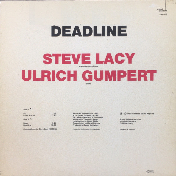 Steve Lacy / Ulrich Gumpert : Deadline (LP, Album)