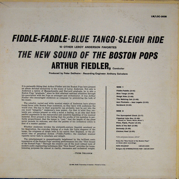 The Boston Pops Orchestra, Arthur Fiedler : Fiddle-Faddle And Other Leroy Anderson Favorites (LP, Album)