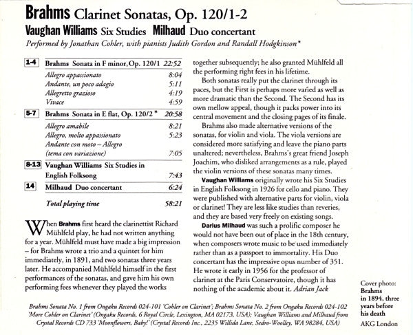 Johannes Brahms / Ralph Vaughan Williams / Darius Milhaud - Jonathan Cohler With Judith Gordon And Randall Hodgkinson : Clarinet Sonatas / Six Studies / Duo Concertant (CD, Comp)