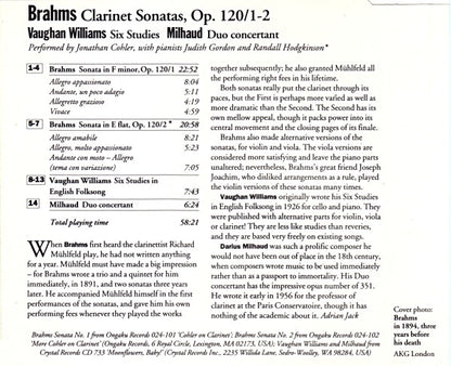 Johannes Brahms / Ralph Vaughan Williams / Darius Milhaud - Jonathan Cohler With Judith Gordon And Randall Hodgkinson : Clarinet Sonatas / Six Studies / Duo Concertant (CD, Comp)