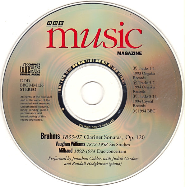 Johannes Brahms / Ralph Vaughan Williams / Darius Milhaud - Jonathan Cohler With Judith Gordon And Randall Hodgkinson : Clarinet Sonatas / Six Studies / Duo Concertant (CD, Comp)