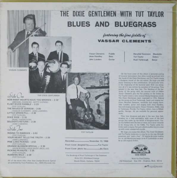 The Dixie Gentlemen With Tut Taylor Featuring The Fine Fiddle Of Vassar Clements : Blues And Bluegrass (LP, Album)