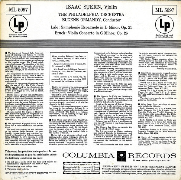 Édouard Lalo, Max Bruch / The Philadelphia Orchestra Conducted By Eugene Ormandy, Isaac Stern : Lalo: Symphonie Espagnole In D Minor, Op. 21, Bruch: Violin Concerto In G Minor, Op. 26 (LP, Album)