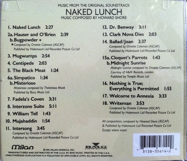 Howard Shore, Ornette Coleman, London Philharmonic Orchestra : Naked Lunch (Music From The Original Soundtrack) (CD, Album, RP)