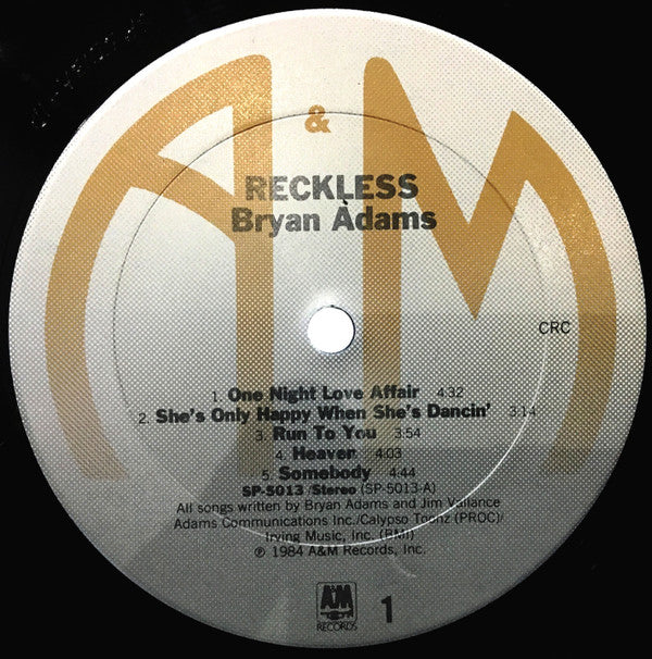 Bryan Adams : Reckless (LP, Album, Club, CRC)