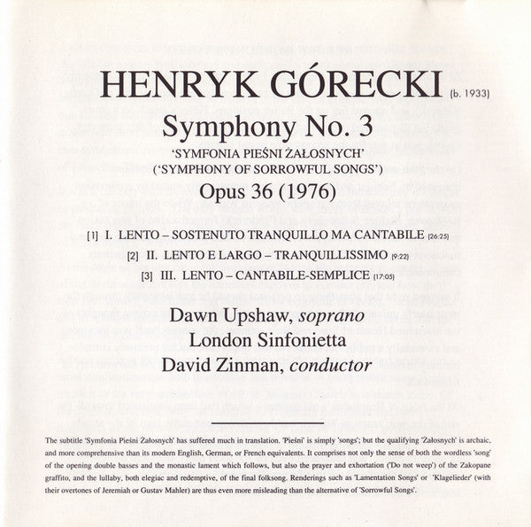 Henryk Górecki - Dawn Upshaw, London Sinfonietta, David Zinman : Symphony No. 3 (CD, Album)