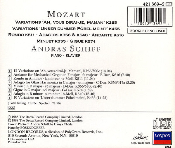 András Schiff, Wolfgang Amadeus Mozart : Variations "Ah, Vous Dirai-je, Maman" K265, Variations "Unser Dummer Pöbel Meint" K455, Rondo K511, Adagios K356 & K540, Andante K616 (CD, Album)