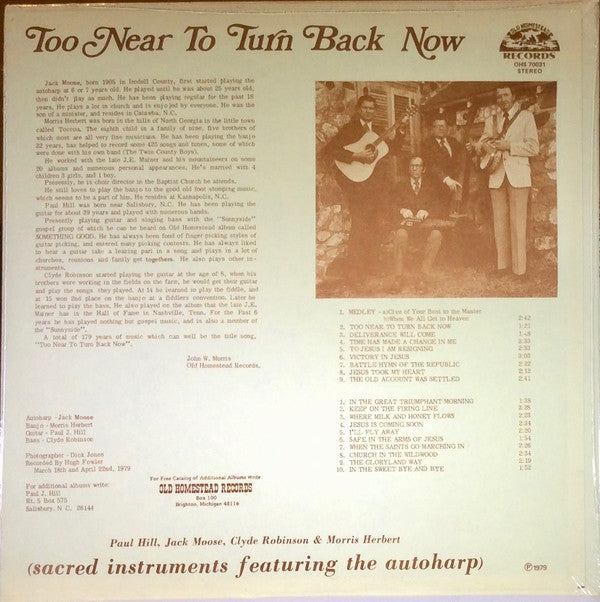 Paul Hill (6), Jack Moose (2), Clyde Robinson & Morris Herbert : Too Near To Turn Back Now (Sacred Instruments Featuring The Autoharp) (LP, Album)