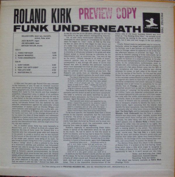 Roland Kirk With Brother Jack McDuff : Funk Underneath (LP, Album, RE, RM)