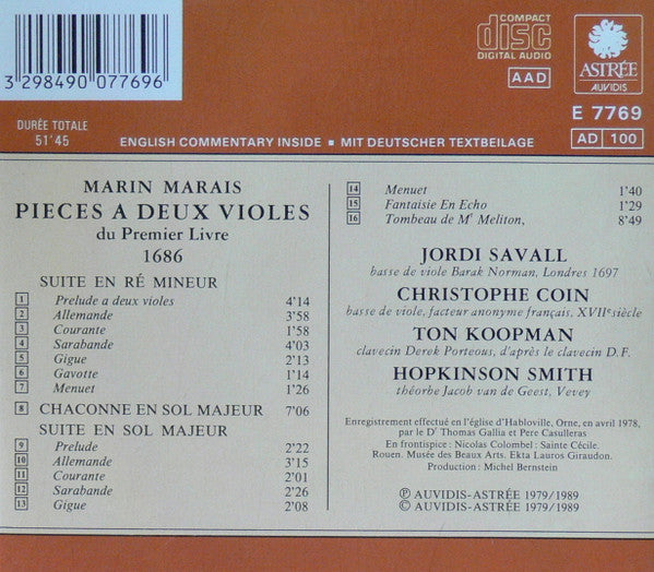 Marin Marais - Jordi Savall, Christophe Coin, Ton Koopman, Hopkinson Smith : Pièces A Deux Violes Du Premier Livre 1686 (CD, Album, RE)